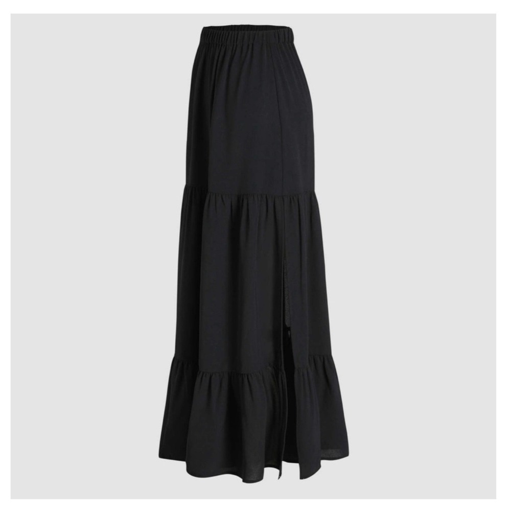 Cider Tired Look S Black Maxi Skirt Adapts to your Shape Ruffle Hem Side Slit - Picture 6 of 10